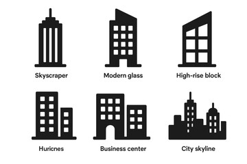 Minimalist building icons featuring skyscraper, modern glass, and city skyline designs