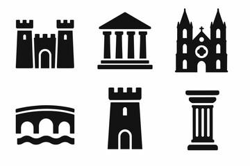 Obraz premium Set of iconic architectural symbols: castle, temple, cathedral, bridge, tower, pillar