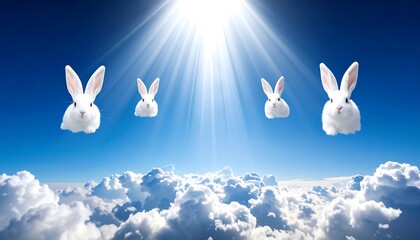 Heavenly bunnies soar above clouds, sun rays