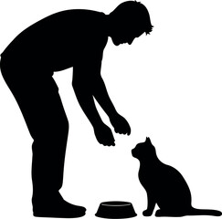 Vector art of silhouette of a person feeding a cat from a bowl transparent background