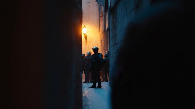 Law enforcement officers wearing protective gear patrolling narrow, shadowy urban alleyway at nighttime, representing heightened security during potential civil disturbance