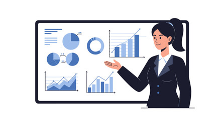 Businesswoman giving a presentation with data analysis charts and graphs on a digital screen.