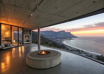 Modern luxury home with ocean view and fire pit