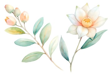 Obraz premium White Lotus Flower and Green Leafy Branch delicate botanical