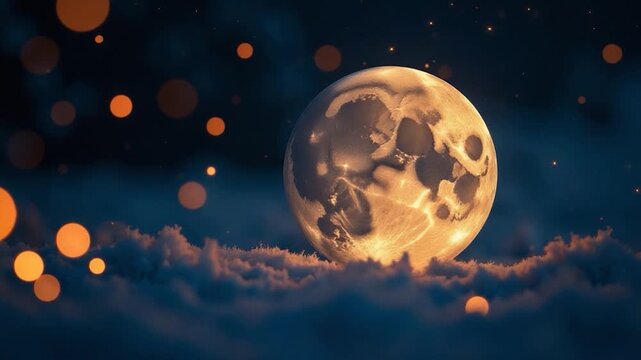 A bright full moon shining down from a dark night sky with a blanket of snow covering the ground