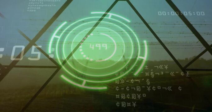 Fading green interface rotating rings updating numeric readouts with glitchy text for monitoring