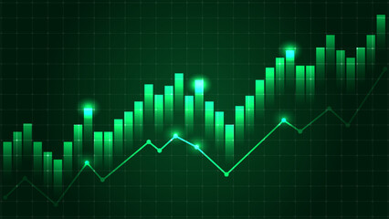 Glowing green financial chart with rising bar graph and line graph on dark grid background