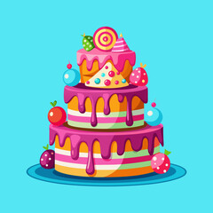 Happy Birthday Colorful Cake with Candy Decoration, Chocolate Drips, and Pink Bow – Fun Kids Party Cake.