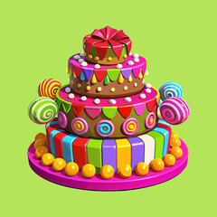Happy Birthday Colorful Cake with Candy Decoration, Chocolate Drips, and Pink Bow – Fun Kids Party Cake.