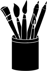 A colorful set of art brushes utensils on a white isolated background