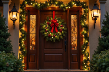 A festive doorway setup with a lush holiday wreath, twinkling lights, and elegant garlands, creating a welcoming entrance for the Christmas season. The cozy ambiance brings holiday warmth and joy.