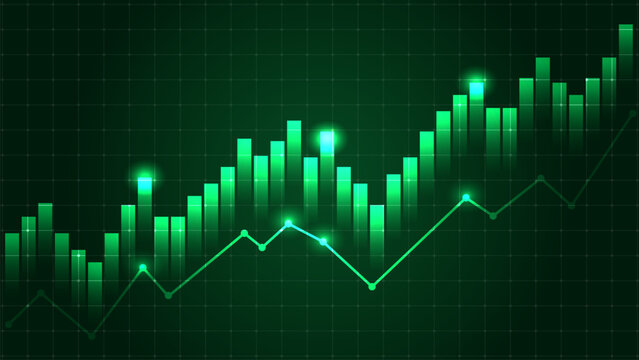 Glowing green financial chart with rising bar graph and line graph on dark grid background