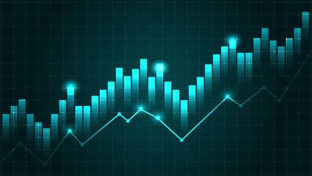 Glowing blue financial chart with rising bars and line graph on dark grid background
