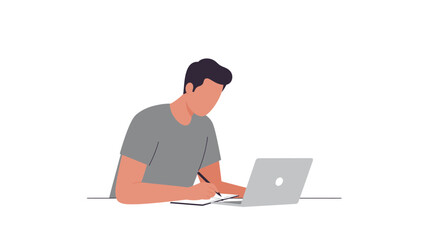 A minimalist illustration of a man studying or working at a desk with a laptop and notebook.