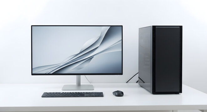 A modern desktop computer setup featuring a sleek monitor and tower on a clean white surface, ideal for home or office use