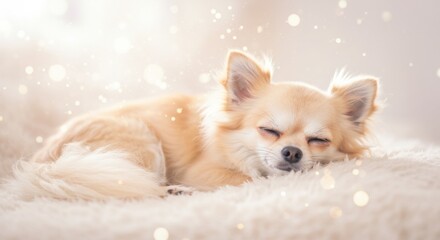 Obraz premium Sleeping Chihuahua dog resting on soft blanket with soft light 