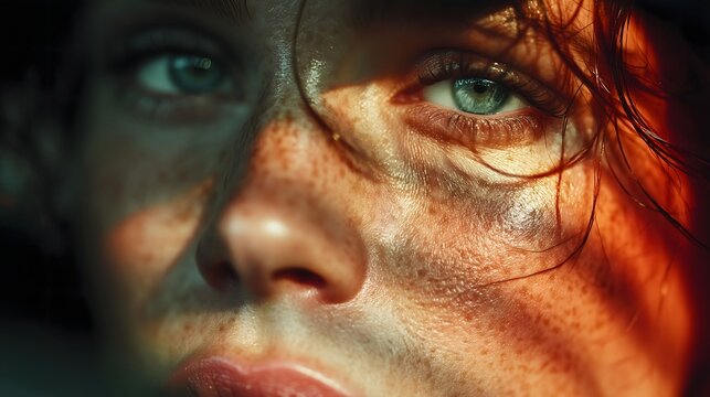 Close-up portrait with sunlight and shadows.