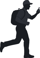 Vector art of silhouette of a man with a backpack running while looking at his phone, transparent background