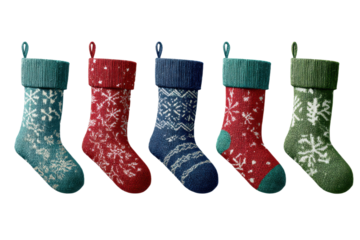 Christmas Eve gift stocking sock green, blue, red PNG set, cutout isolated on transparent background. Winter holiday season decoration graphic resource