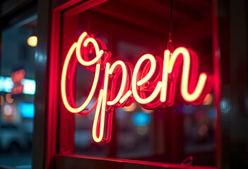 Neon sign of "Open" glowing in a cafe window at night, cinematic lighting, nostalgic and inviting
