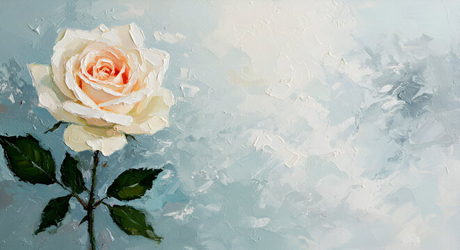 Abstract image of a white rose on a muted white, blue and grey background. Impressionist oil painting. Copy space for text