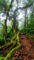 Fototapeta premium A verdant, overgrown forest trail weaves beneath a moss-covered tree canopy shrouded in mist, showing nature's raw beauty