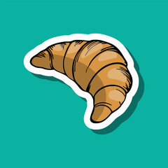 A cartoon-style croissant with a golden-brown color on a bright turquoise background. The croissant has a classic crescent shape and visible flaky layers.