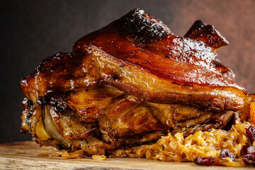 Roasted pork knuckle with sauerkraut.