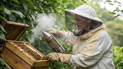 Beekeeper's Craft: A beekeeper tending to a beehive, employing a smoker tool to calm the bees, highlighting the intricate dance between nature and human.
