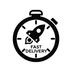 Black stopwatch displays fast delivery with a rocket symbolizing swiftness and immediate service