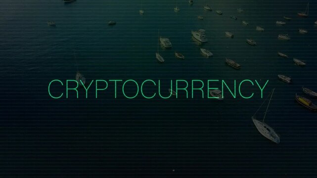 Partial green CRYPTOCURRE_ appearing on harbor boats, glitching revealing CRYPTOCURRENCY title