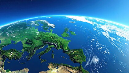 Illustrative view of Europe from space, displaying green landmasses, clear blue oceans, and soft, white cloud formations