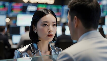 Focused businesswoman discussing markets on trading floor
