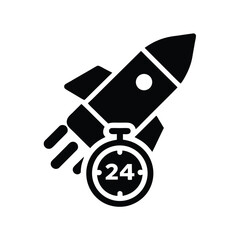 Black symbol presents a rocket above a 24 hour stopwatch in solid color
