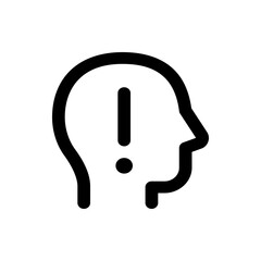 Outline of a human head profile with an exclamation mark inside representing an idea or problem concept
