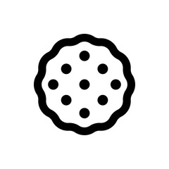 A simple black and white illustration of a cookie with a wavy edge and multiple circular chocolate chips