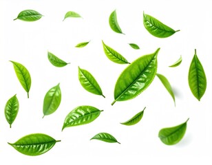 Fresh, vibrant green leaves are scattered against a clean white backdrop, some blurred suggesting motion, creating lightness & nature's touch