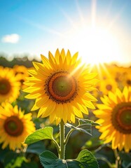 Obraz premium Vibrant yellow sunflower shines bright against a sunny, blue sky, amidst a field of similar sunflowers in warm, golden light