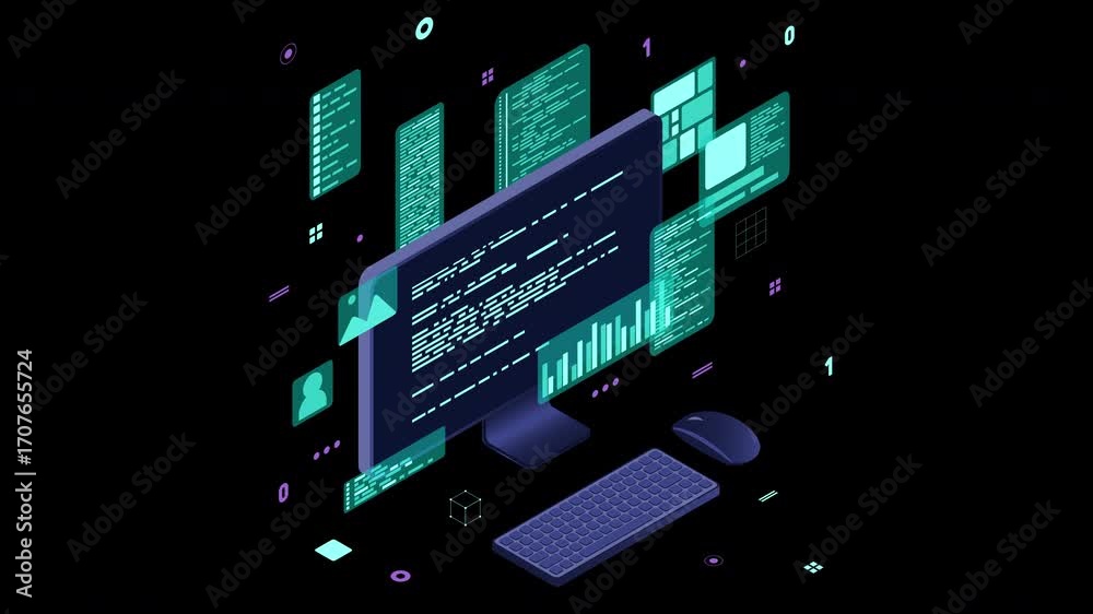 Wall mural computer technology animation. desktop computer platforms. software programming coding concept. code