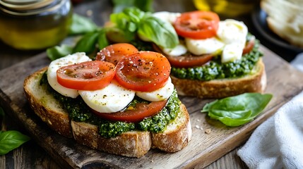 Healthy vegetarian sandwich with mozzarella pesto