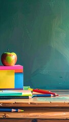 An apple rests atop brightly colored books and pencils, displayed against a dark, textured blackboard backdrop, softly lit from above