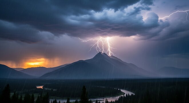 Dramatic lightning storm illuminates mountain range during sunset rain shower. - Powered by Adobe