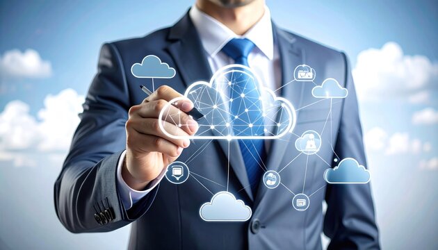 Man in suit gestures toward digital cloud graphic against a bright, airy sky. The cloud features dot connectors