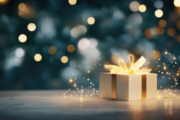 Magical open gift box with glowing lights and sparkles on a snowy background