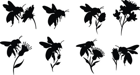 Bee and flower silhouettes in multiple pollination poses, insect wildlife vector set, honeybee graphic, garden nature illustration, floral design elements for spring © Mst Hosnara Khatun
