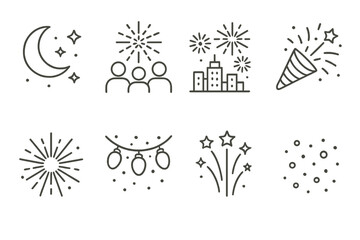 Minimalist celebration icons set: fireworks, moon, party elements on white background