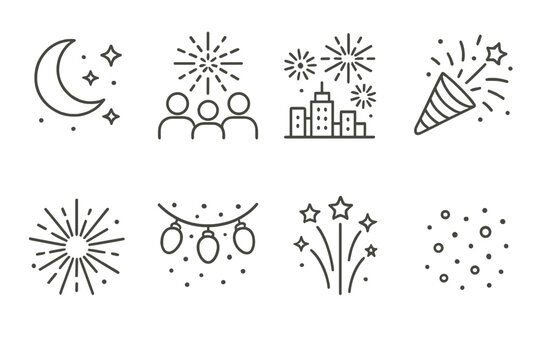 Minimalist celebration icons set: fireworks, moon, party elements on white background