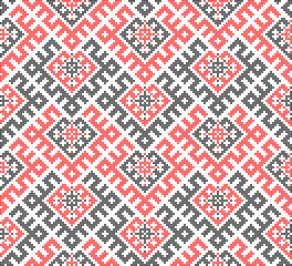Traditional Ukrainian ornament vector, red and black cross-stitch seamless pattern, ethnic vyshyvanka embroidery, folk geometric background for print, fabric, clothing, website, banner