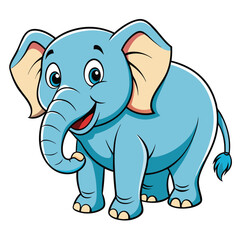 Cheerful light blue cartoon elephant stands with a joyful smile on a white backdrop