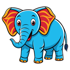 Cheerful cartoon elephant with red and yellow ears smiling happily on a white backdrop